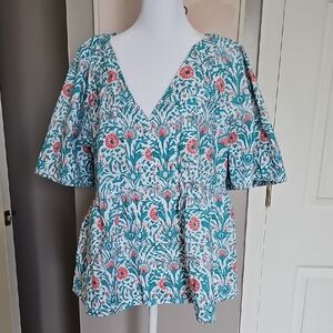 Crown & Ivy Floral V-Neck Blouse in Teal and Coral